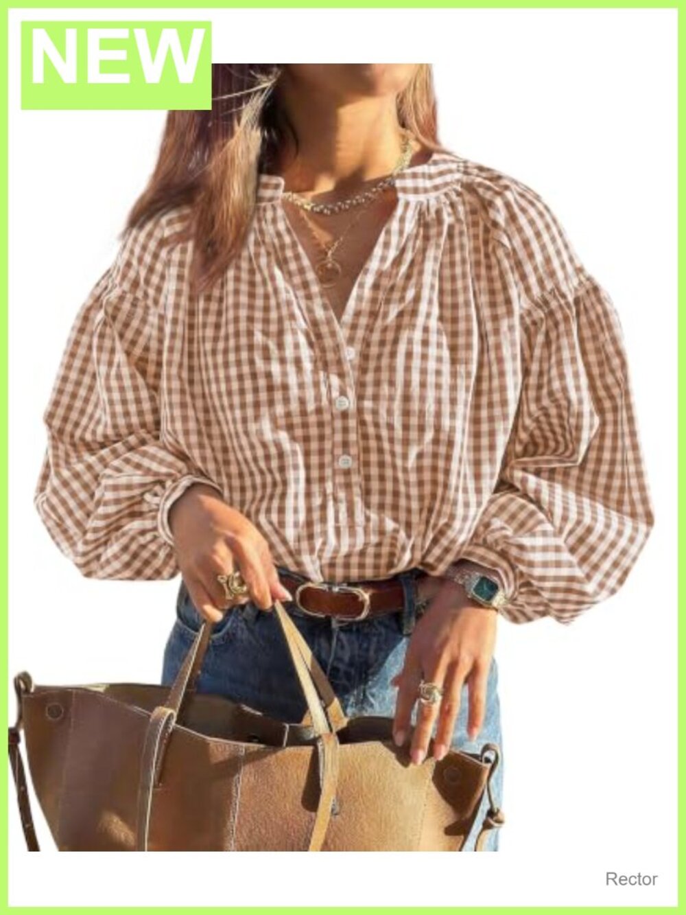 Women's Plaid V-Neck Button Down Blouse Long Puff Sleeve Cotton Top